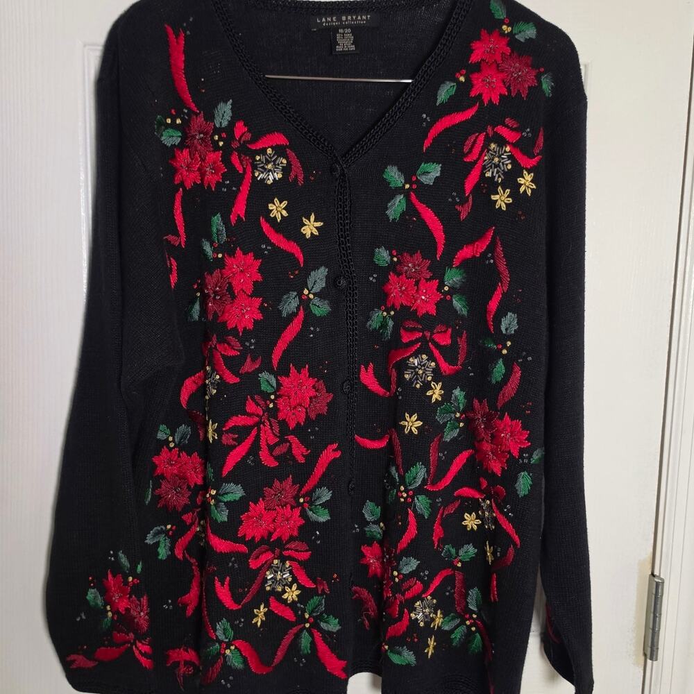 Lane Bryant Vintage Plus 18/20 Embroidered Poinsettia Christmas Cardigan Sweater - Picture 3 of 8